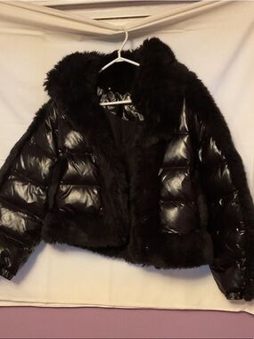 Opening Ceremony Black Shiny Puffer Jacket with Faux Fur Trim